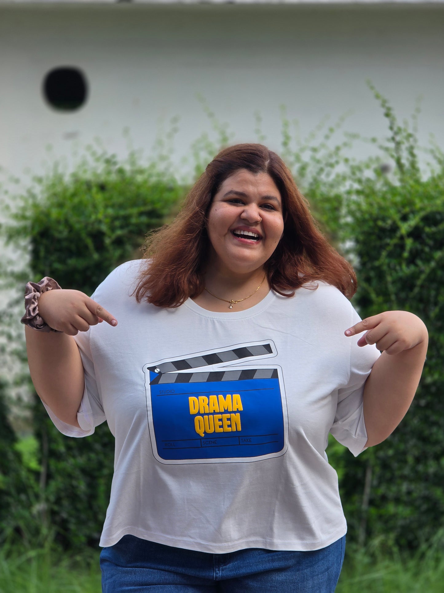 Plus size A-line T-shirt 'Drama Queen'- Cropped Length