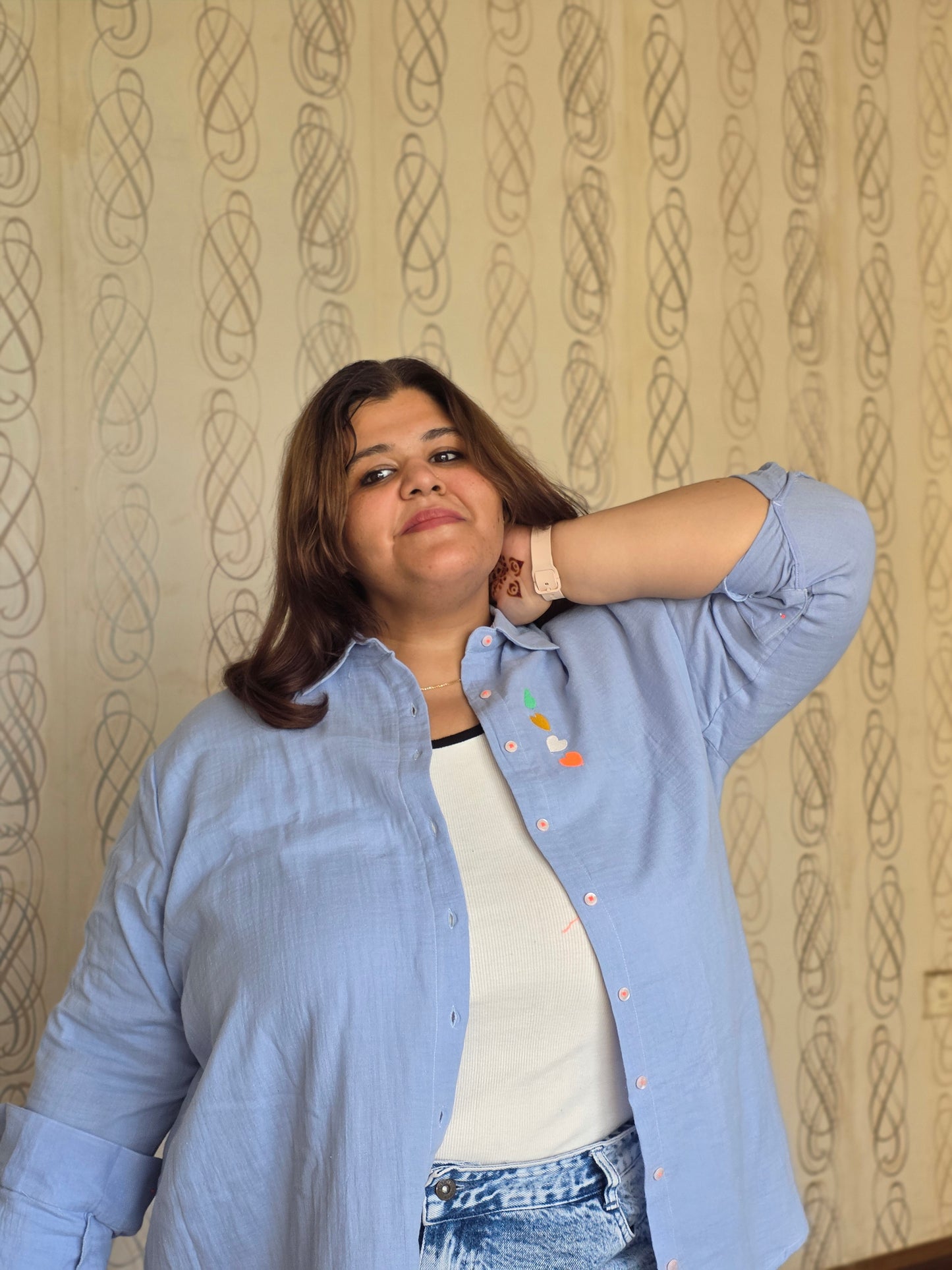 Embroidered Hearts Cotton Gauge(Mulmul) Shirt