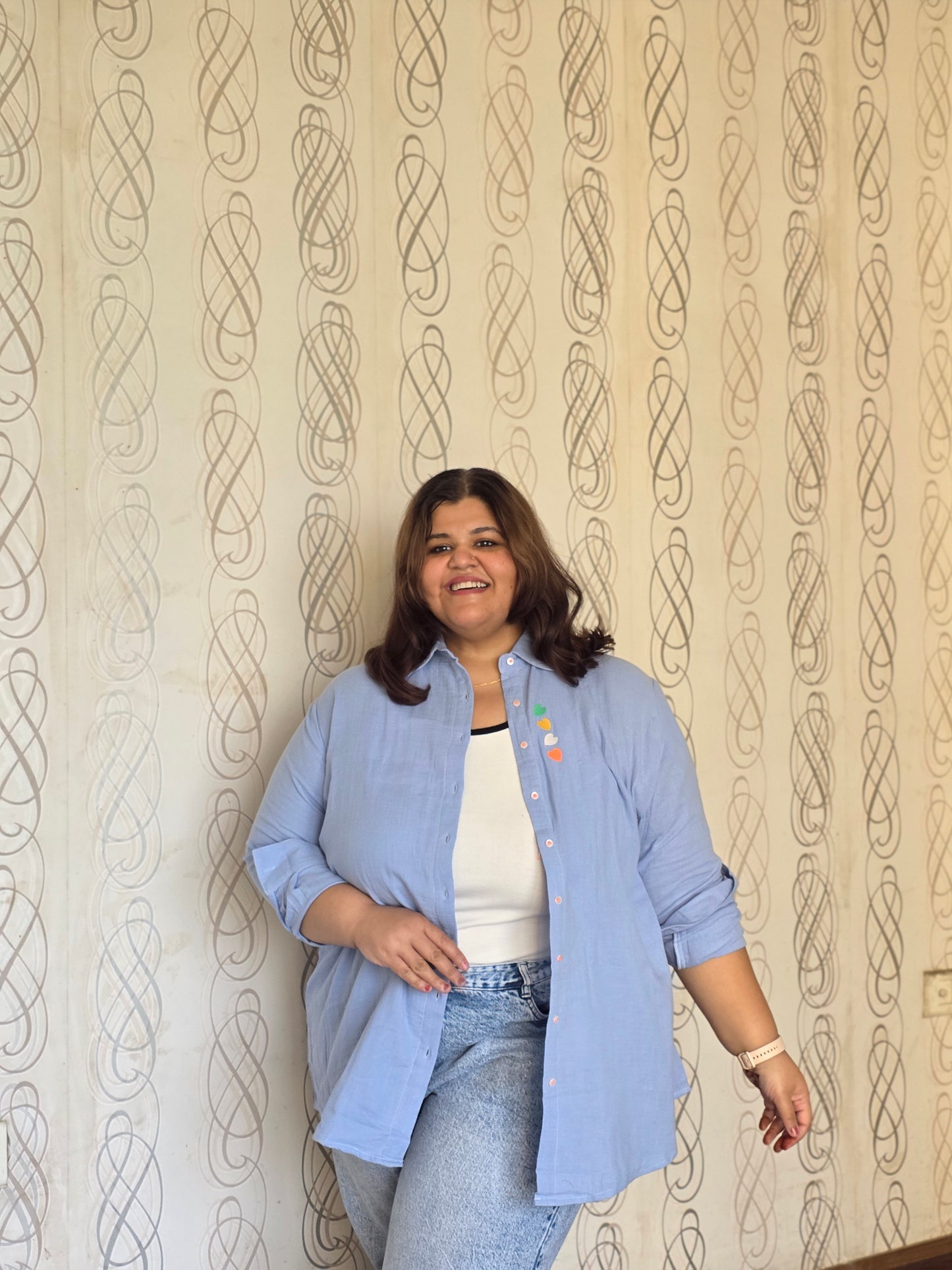 Embroidered Hearts Cotton Gauge(Mulmul) Shirt