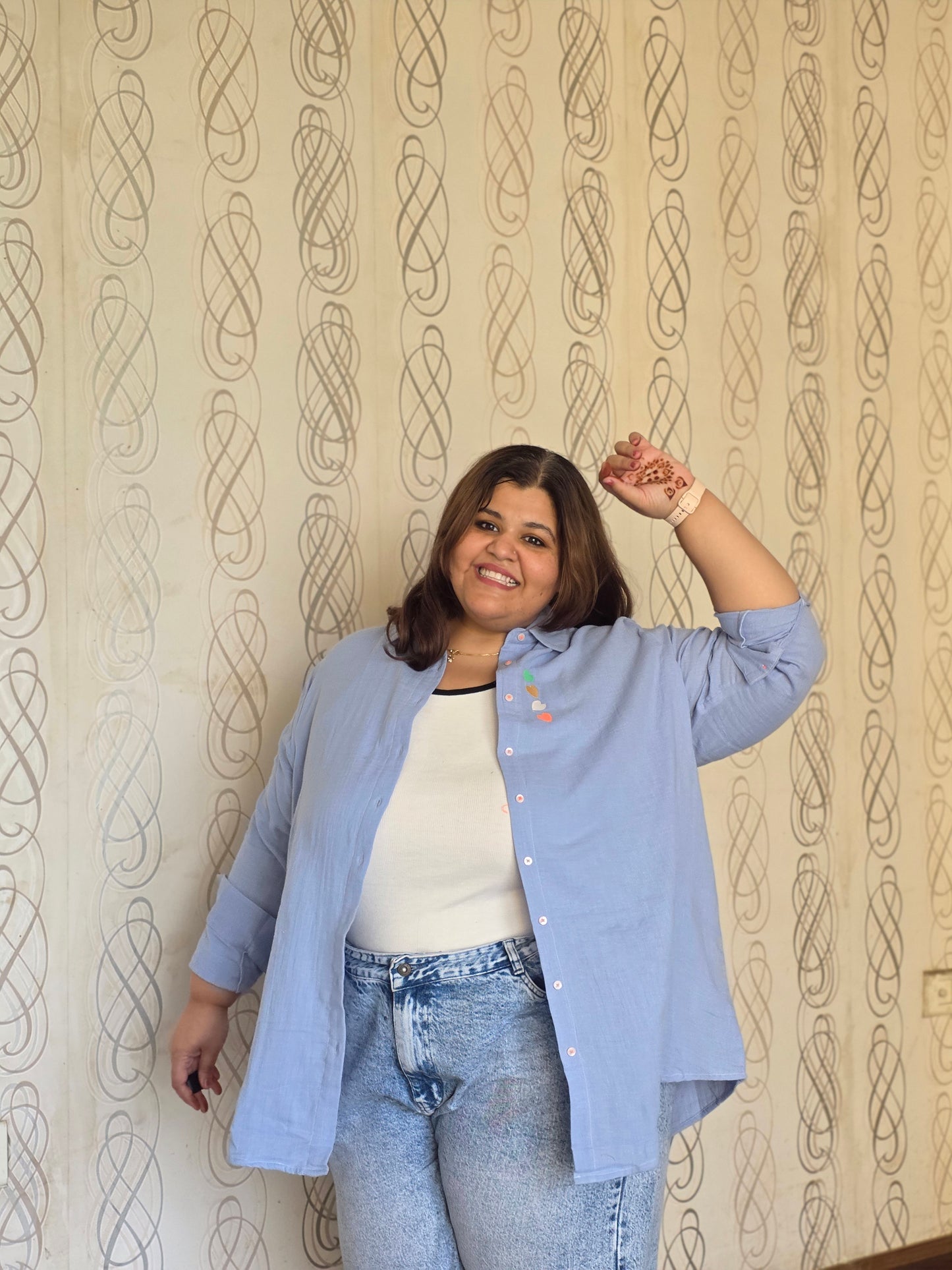 Embroidered Hearts Cotton Gauge(Mulmul) Shirt