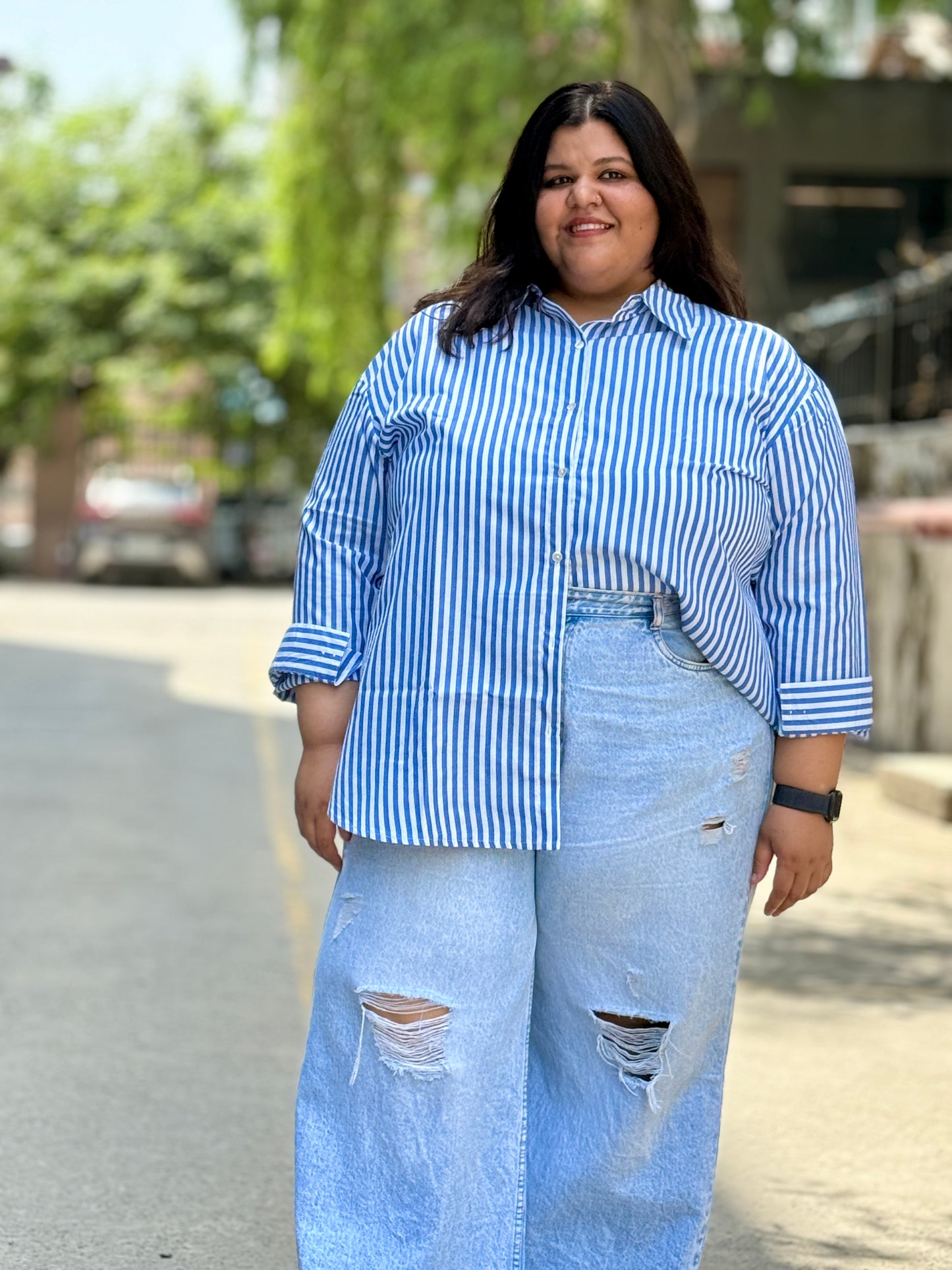 Relaxed fit Cotton Striped shirt- Drop Shoulder