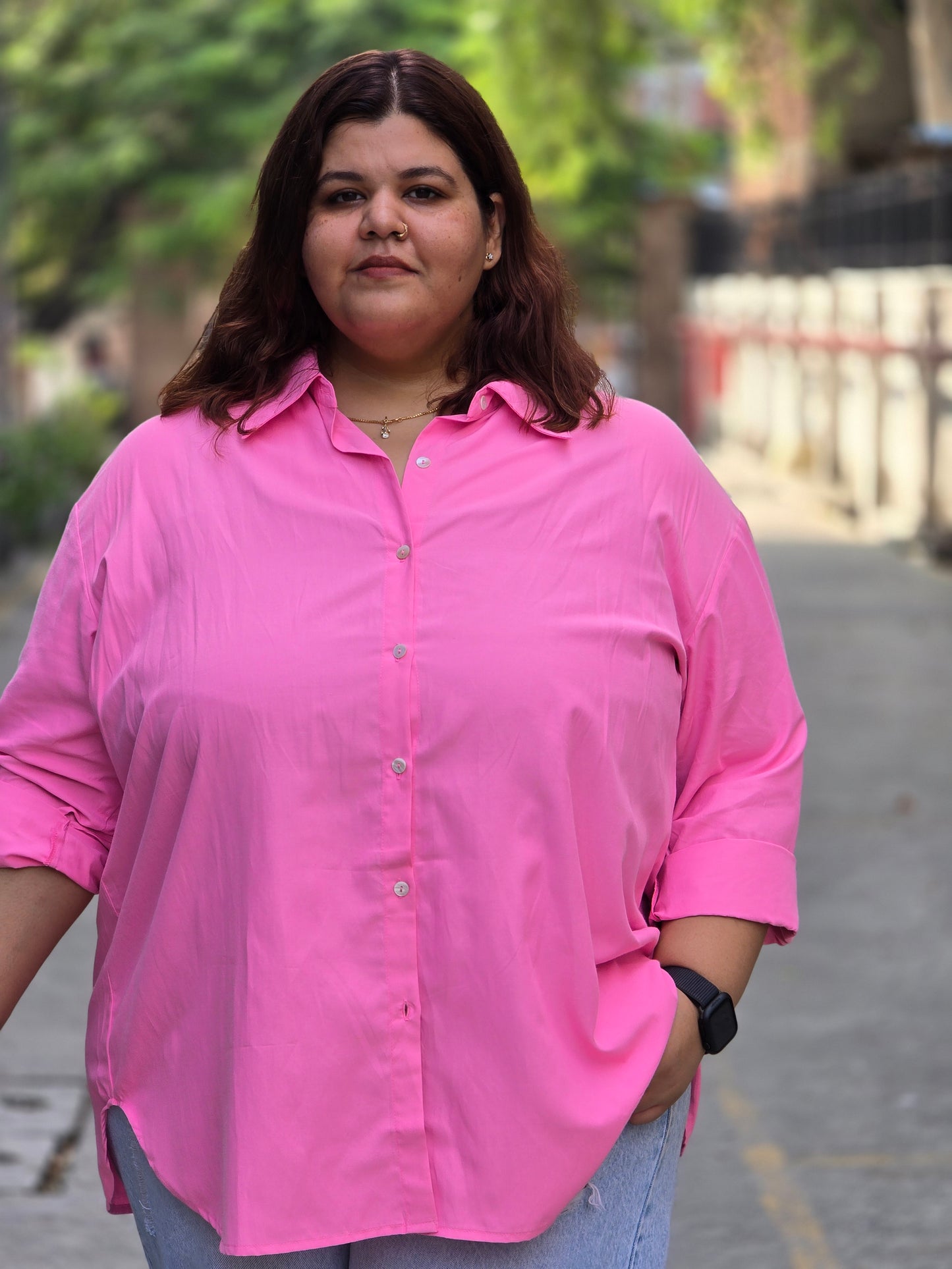 Pink Solid Cotton Shirt for plus size women (2XL - 9XL). Perfect for everyday wear including office / work wear. Bust size 52 inches to 66 inches.