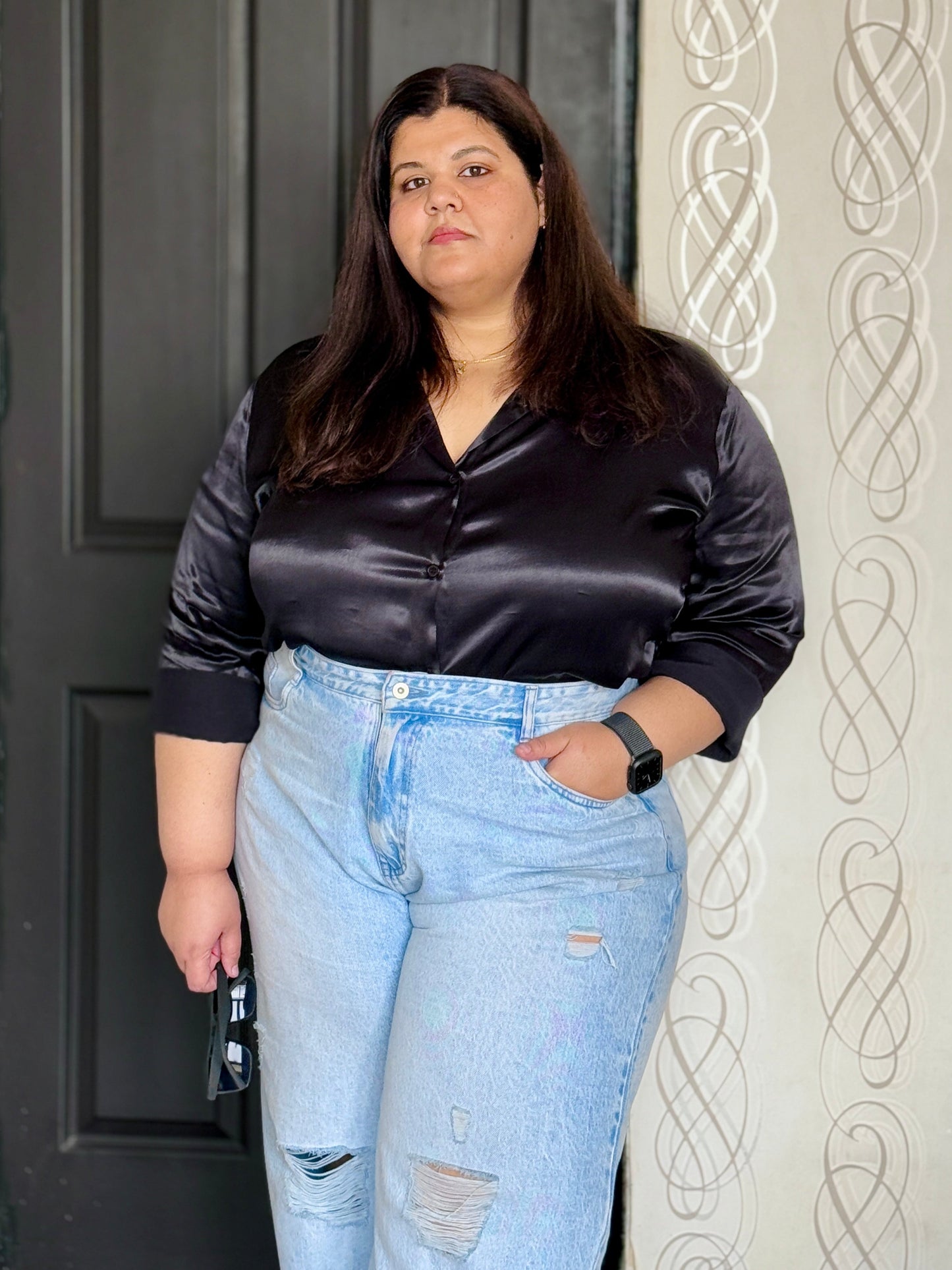 Viscose Satin Shirt for plus size women (2XL - 9XL). Perfect for office / work wear & party wear. Bust size 42 inches to 56 inches. Available in 2 solid colours.
