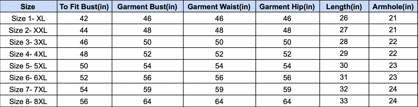 Measurement chart for garment sizes with bust, waist, and hip dimensions.