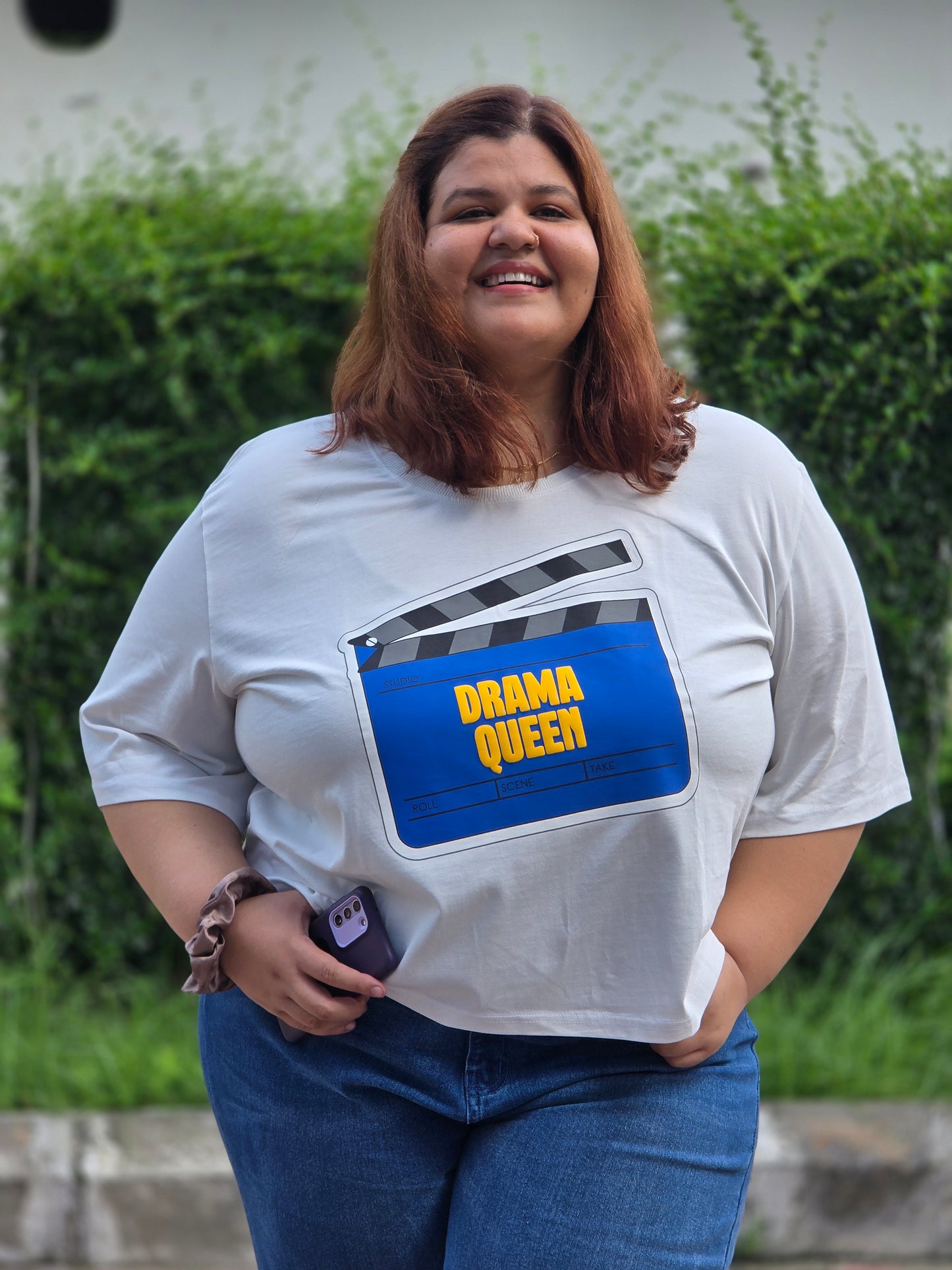 Plus size A-line T-shirt 'Drama Queen'- Cropped Length
