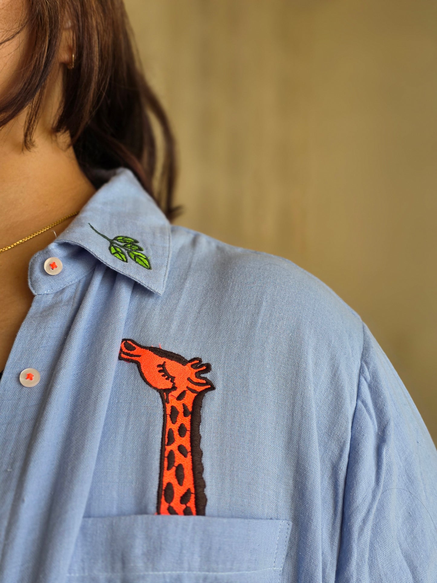 New Embroidered Giraffe Cotton Gauge(Mulmul) Shirts