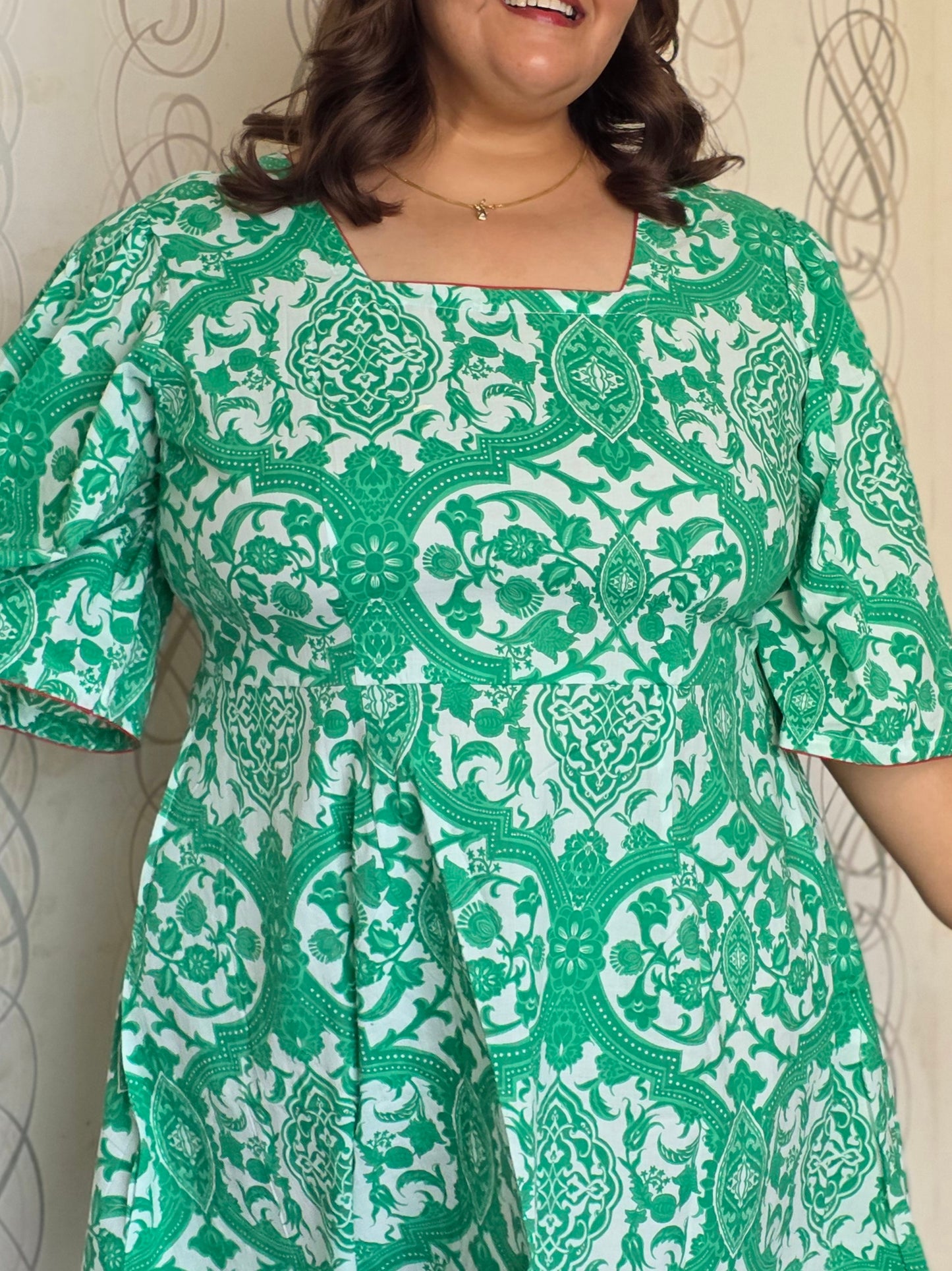 Green Printed Tie-Back Dress