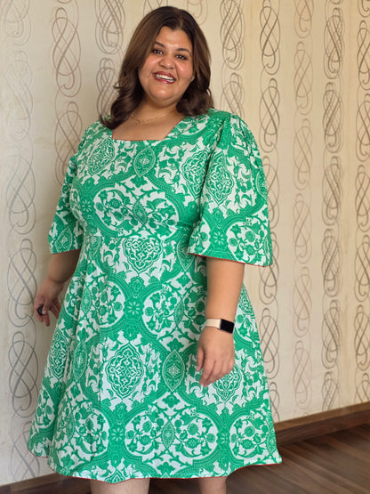 Green Printed Tie-Back Dress