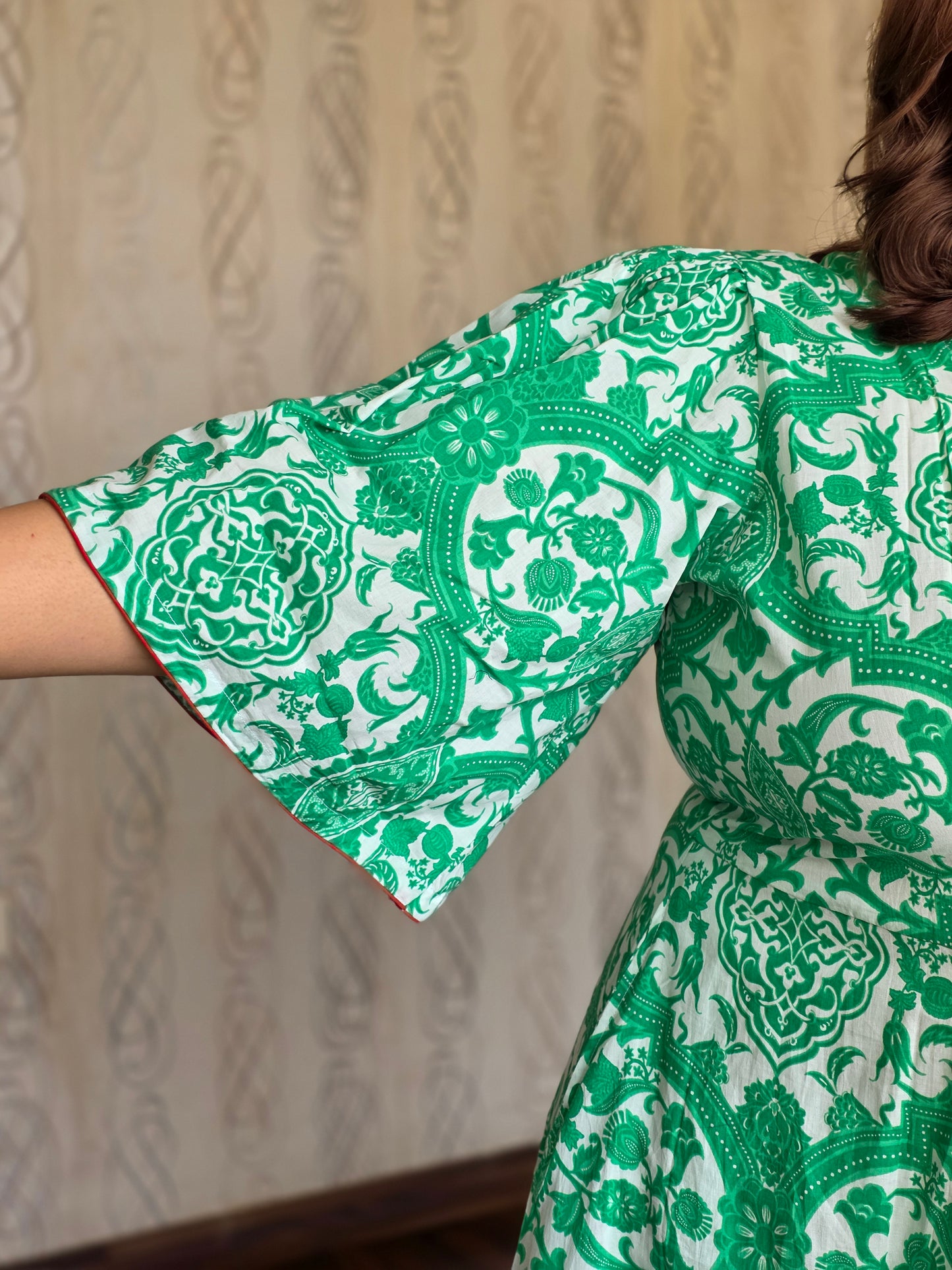 Green Printed Tie-Back Dress
