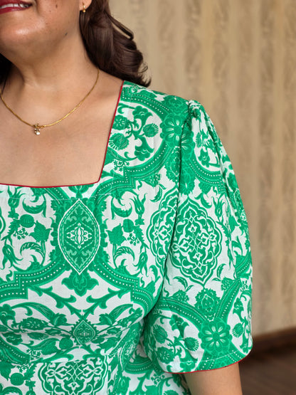 Green Printed Tie-Back Dress