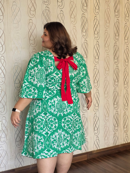 Green Printed Tie-Back Dress