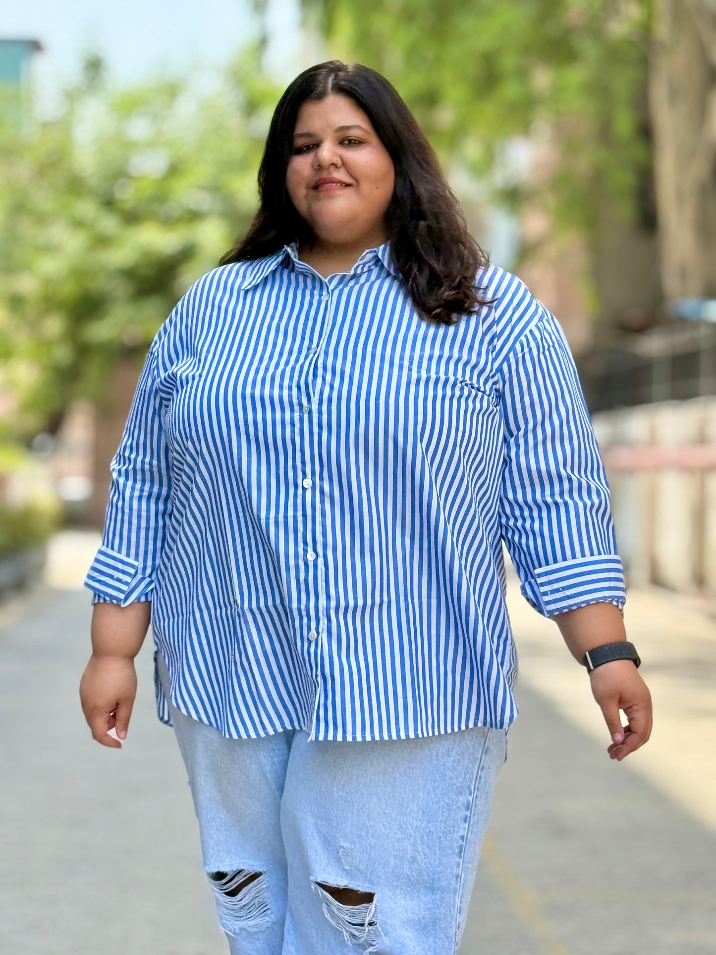 Blue Striped Cotton Shirt for plus size women (2XL - 9XL). Perfect for everyday wear including office / work wear. Bust size 52 inches to 66 inches.