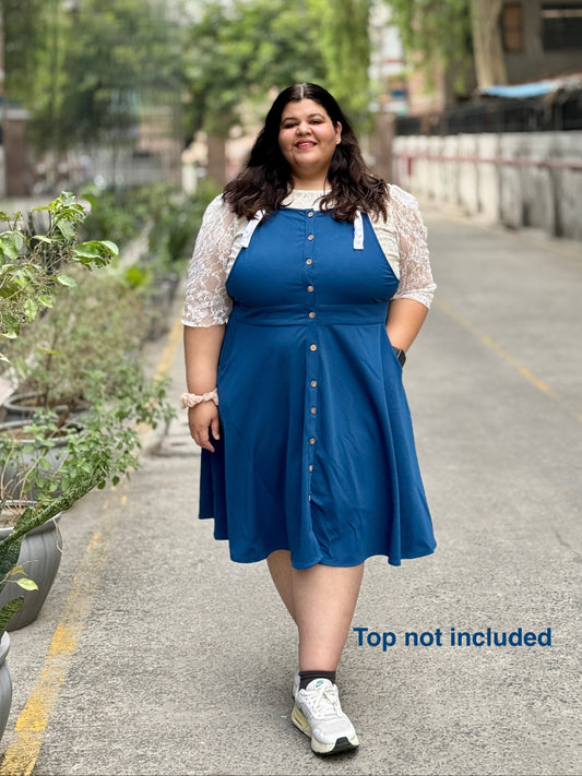 Teal Blue Colour Dungaree Dress - exclusively designed for plus size women (2XL - 9XL). To fit bust sizes 42 inches to 58 inches. Available in teal blue, coffee (brown) and olive green