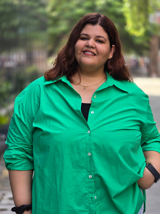 Green Solid Cotton Shirt for plus size women (2XL - 9XL). Perfect for everyday wear including office / work wear. Bust size 52 inches to 66 inches.