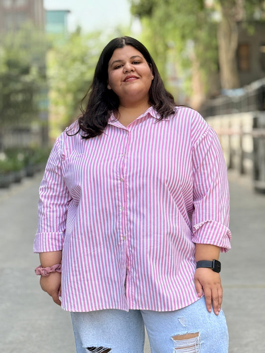 Pink Striped Cotton Shirt for plus size women (2XL - 9XL). Perfect for everyday wear including office / work wear. Bust size 52 inches to 66 inches.