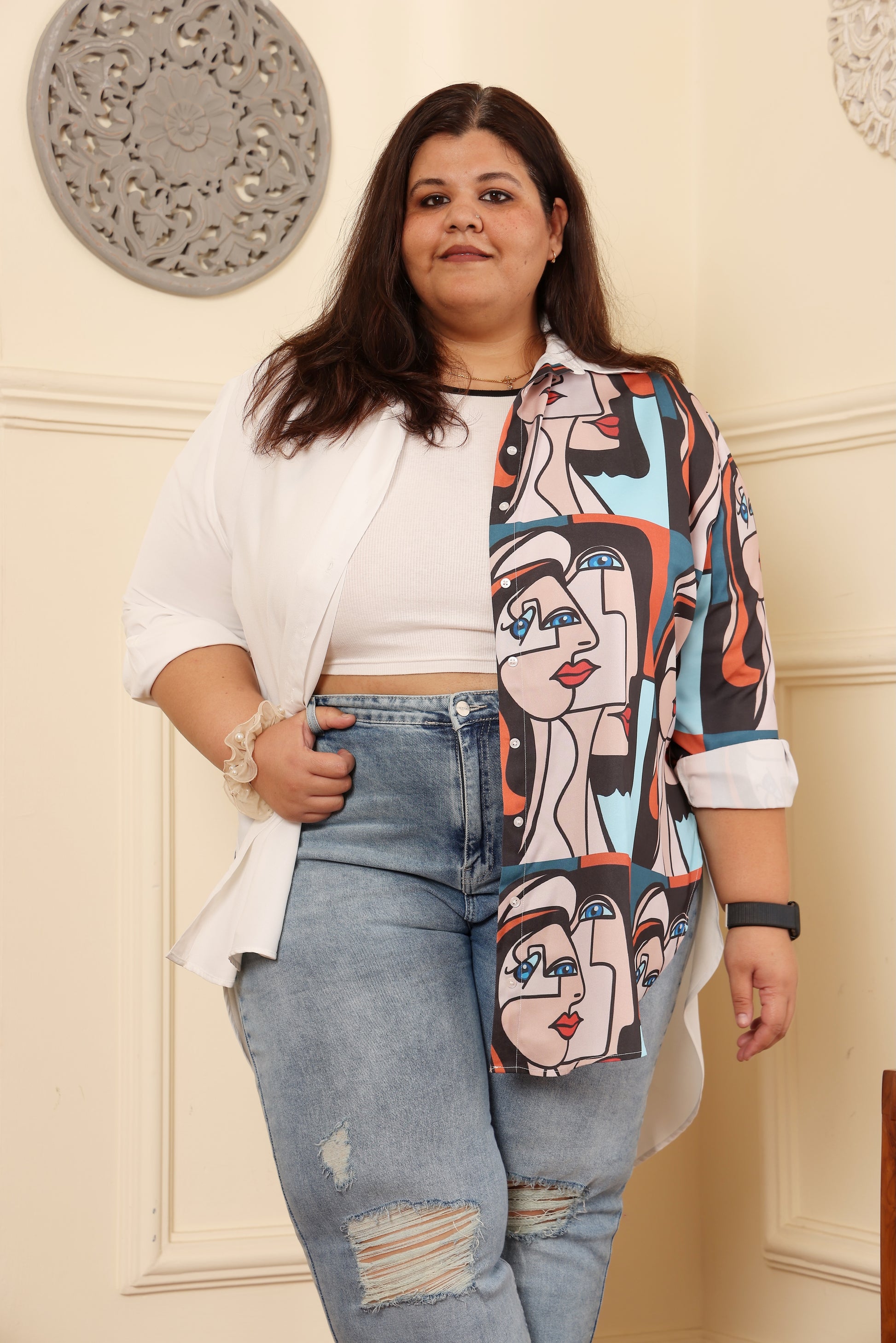 Long shirt for plus size women with quirky print. Specially designed for plus size women (2XL - 9XL). Bust Size 42 inch to 58 inch. Perfect everyday wear.