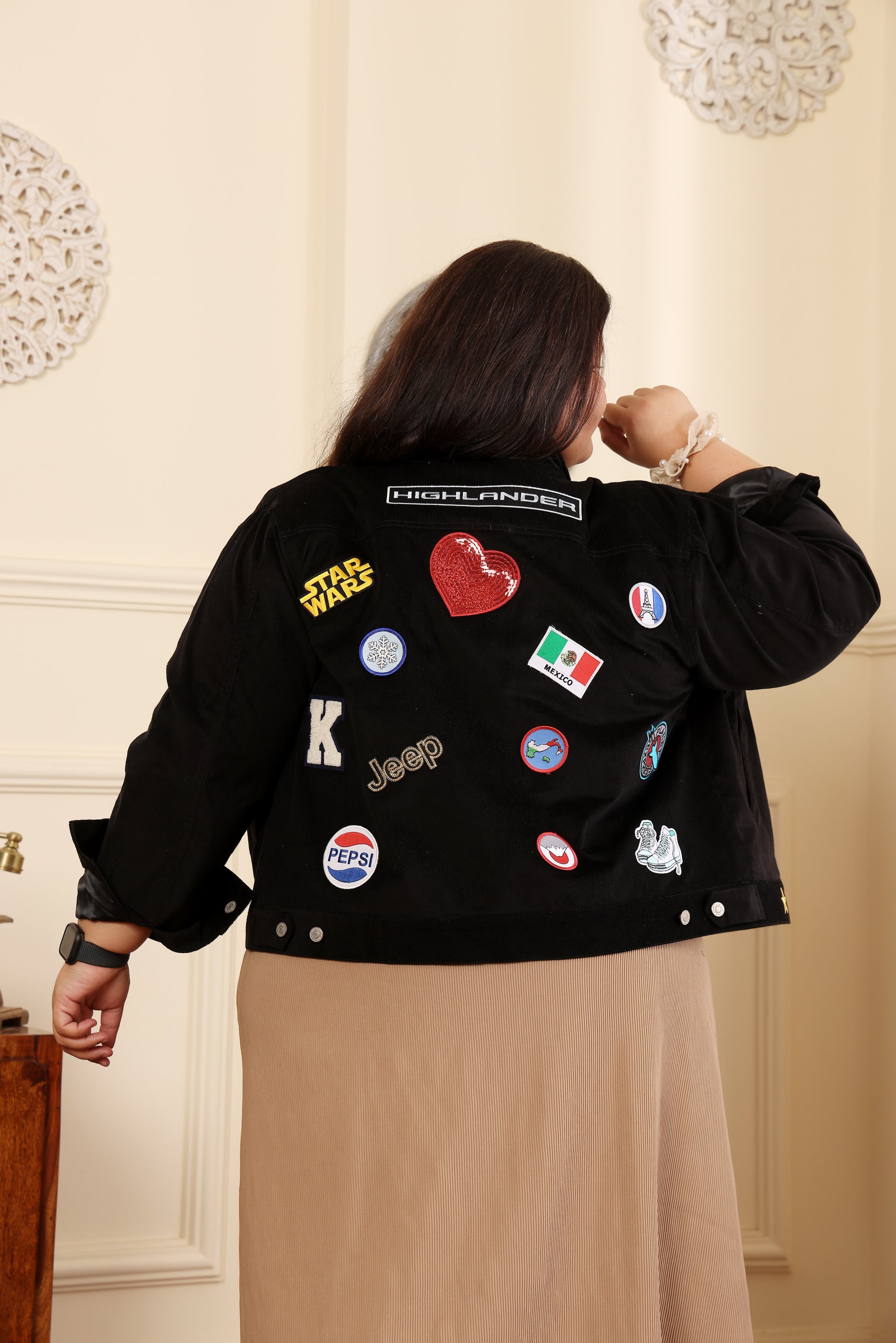 Patch Work Cotton Corduroy Jacket for plus size women (2XL - 9XL). With lining of premium satin. Perfect for a party or any such occasion and for travel. The quirky design jacket is a compliment magnet. Designed to fit bust sizes 40 inches to 54 inches. Good for mild weather conditions. 