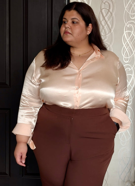 Viscose Satin Shirt for plus size women (2XL - 9XL). Perfect for office / work wear & party wear. Bust size 42 inches to 56 inches. Available in 2 solid colours. Bigger armholes & premium fabric.