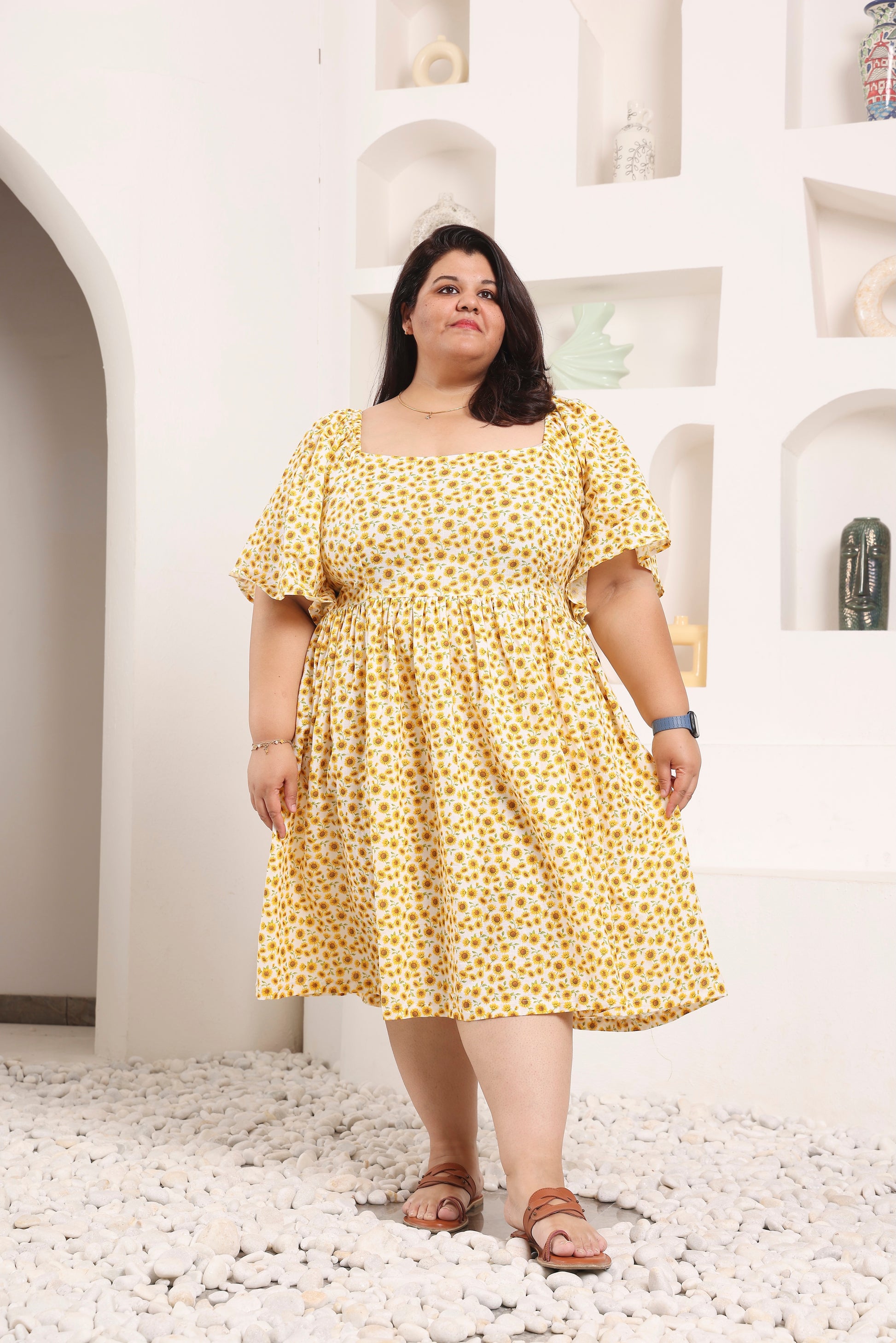 Linen Flared Dress: Sunflowers Dreams Kokonut Linen Flared Dress: Sunflowers Dreams Kokonut