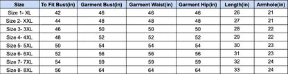 Measurement chart for garment sizes with bust, waist, and hip dimensions.